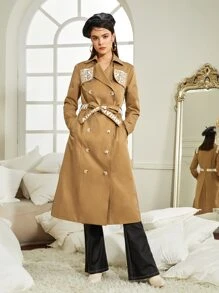 AINM Designer QR Code Print Lapel Collar Belted Trench Coat, Going Out, Going Out - Camel - View 1
