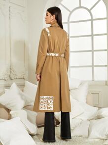 AINM Designer QR Code Print Lapel Collar Belted Trench Coat, Going Out, Going Out - Camel - View 2