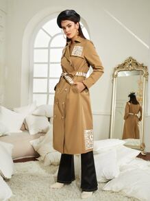 AINM Designer QR Code Print Lapel Collar Belted Trench Coat, Going Out, Going Out - Camel - View 3