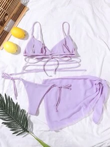 Plain Criss Cross Bikini Set With Beach Skirt, For Summer Vacation - Lilac Purple - View 2