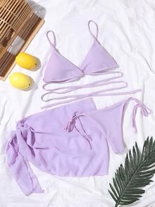 Plain Criss Cross Bikini Set With Beach Skirt, For Summer Vacation - Lilac Purple - View 3