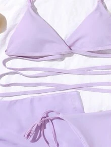 Plain Criss Cross Bikini Set With Beach Skirt, For Summer Vacation - Lilac Purple - View 4