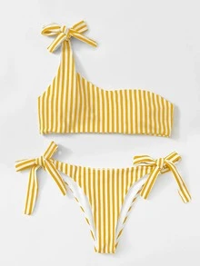 Bikini con rayas y lazos en los lados para verano en la playa - Amarillo - Ver 4