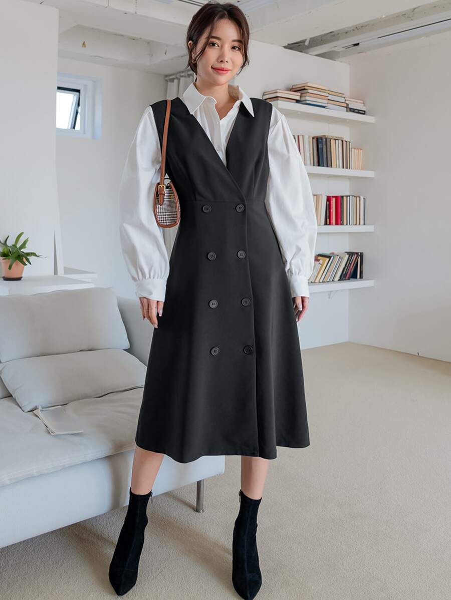 DAZY Cut Out Double Breasted Pinafore Dress Without Blouse - Black - View 1