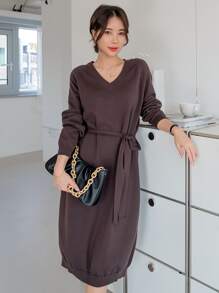 DAZY 插肩袖腰帶毛衣洋裝 - 咖啡棕 - 查看 1