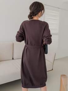 DAZY 插肩袖腰帶毛衣洋裝 - 咖啡棕 - 查看 2