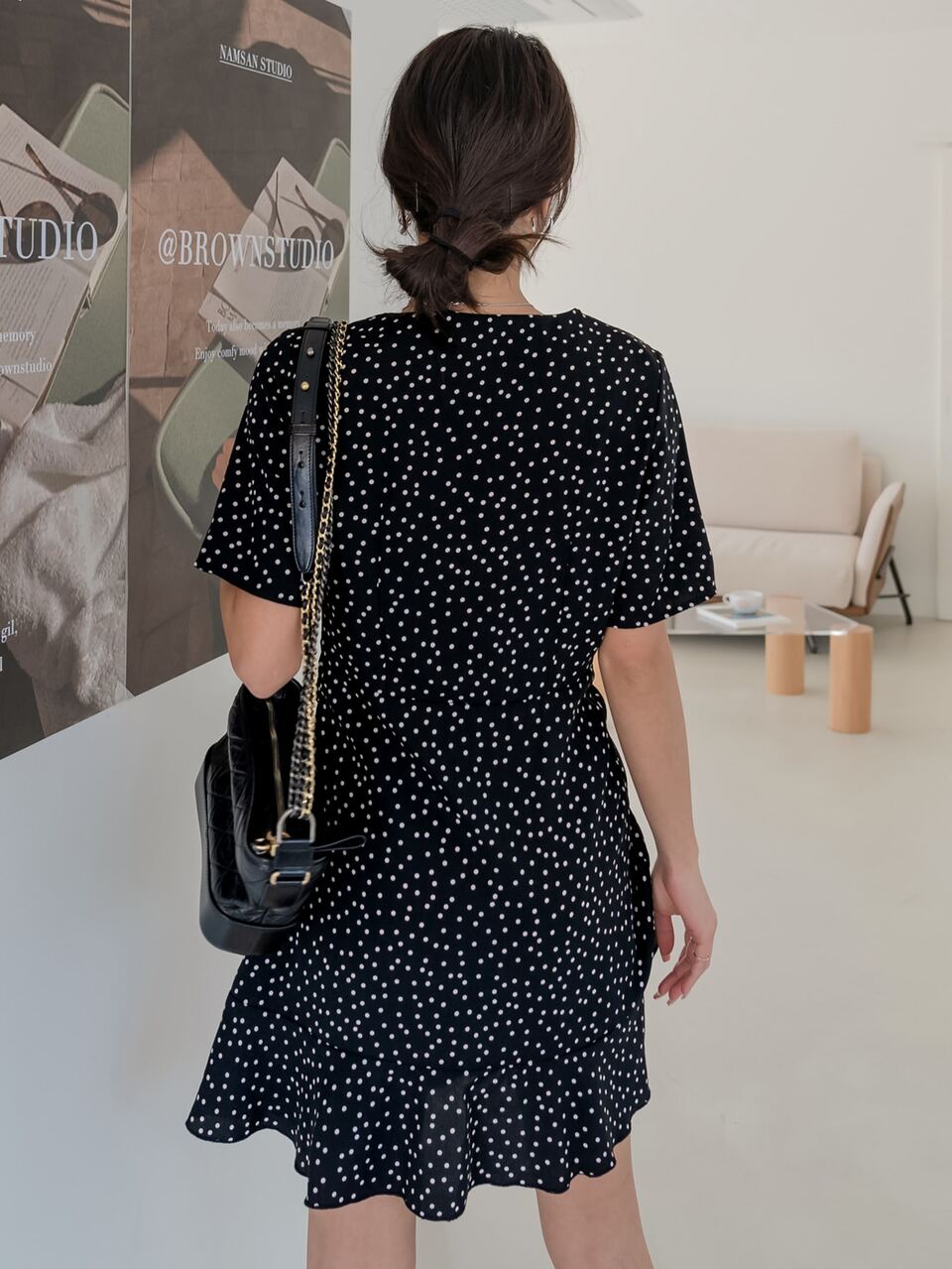 Polka Dot Drawstring Side Ruffle Hem Dress