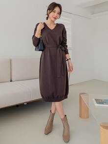 DAZY 插肩袖腰帶毛衣洋裝 - 咖啡棕 - 查看 3