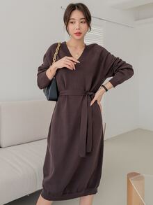 DAZY 插肩袖腰帶毛衣洋裝 - 咖啡棕 - 查看 4