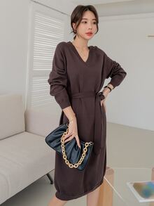 DAZY 插肩袖腰帶毛衣洋裝 - 咖啡棕 - 查看 5