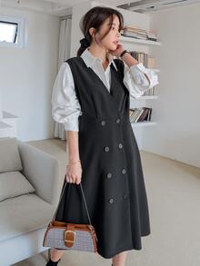 DAZY Cut Out Double Breasted Pinafore Dress Without Blouse - Black - View 3