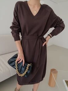 DAZY 插肩袖腰帶毛衣洋裝 - 咖啡棕 - 查看 7