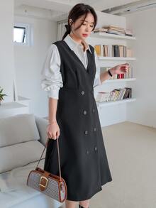 DAZY Cut Out Double Breasted Pinafore Dress Without Blouse - Black - View 4