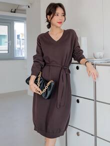 DAZY 插肩袖腰帶毛衣洋裝 - 咖啡棕 - 查看 8