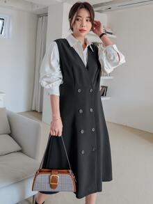 DAZY Cut Out Double Breasted Pinafore Dress Without Blouse - Black - View 5