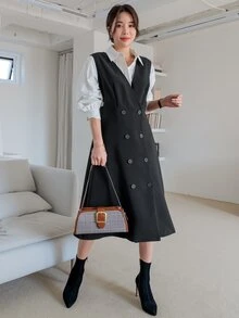 DAZY Cut Out Double Breasted Pinafore Dress Without Blouse - Black - View 6