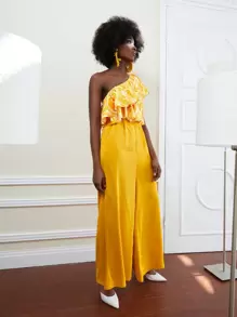 M.E.L.T One Shoulder Graphic Print Ruffle Trim Jumpsuit - Yellow - View 1