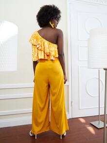 M.E.L.T One Shoulder Graphic Print Ruffle Trim Jumpsuit - Yellow - View 2