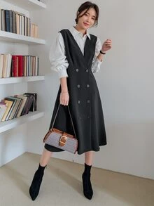 DAZY Cut Out Double Breasted Pinafore Dress Without Blouse - Black - View 8