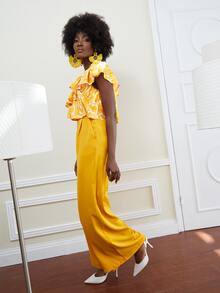 M.E.L.T One Shoulder Graphic Print Ruffle Trim Jumpsuit - Yellow - View 3