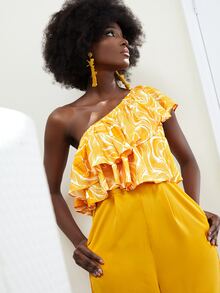 M.E.L.T One Shoulder Graphic Print Ruffle Trim Jumpsuit - Yellow - View 4