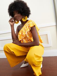 M.E.L.T One Shoulder Graphic Print Ruffle Trim Jumpsuit - Yellow - View 5