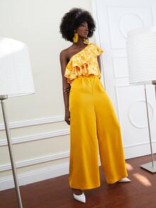 M.E.L.T One Shoulder Graphic Print Ruffle Trim Jumpsuit - Yellow - View 6