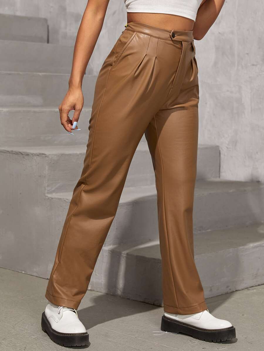 SHEIN 高腰PU皮革直筒褲 - 棕色 - 查看 1