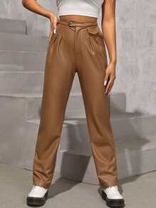 SHEIN 高腰PU皮革直筒褲 - 棕色 - 查看 3