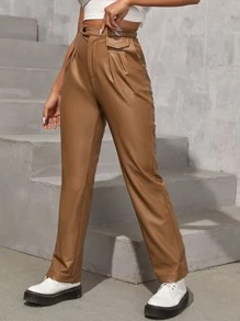 SHEIN 高腰PU皮革直筒褲 - 棕色 - 查看 4