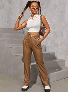 SHEIN 高腰PU皮革直筒褲 - 棕色 - 查看 5