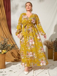 SHEIN Clasi 大碼燈籠袖腰帶植物圖案洋裝 - 彩色 - 查看 1