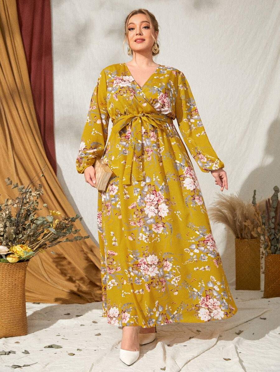 SHEIN Clasi 大碼燈籠袖腰帶植物圖案洋裝 - 彩色 - 查看 1