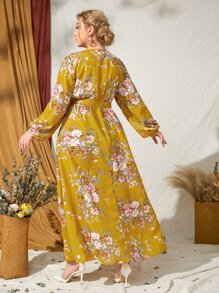 SHEIN Clasi 大碼燈籠袖腰帶植物圖案洋裝 - 彩色 - 查看 2