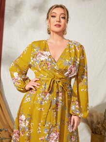 SHEIN Clasi 大碼燈籠袖腰帶植物圖案洋裝 - 彩色 - 查看 3