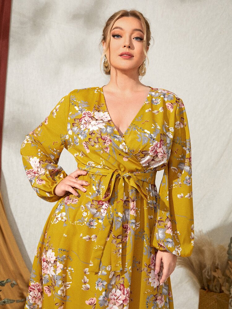 SHEIN Clasi Đầm Plus Size Thắt lưng Trọn gói Hoa Giải trí - Nhiều màu - Xem 3
