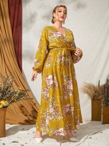 SHEIN Clasi 大碼燈籠袖腰帶植物圖案洋裝 - 彩色 - 查看 4