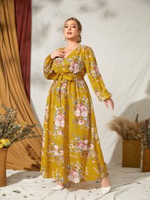 SHEIN Clasi 大碼燈籠袖腰帶植物圖案洋裝 - 彩色 - 查看 5