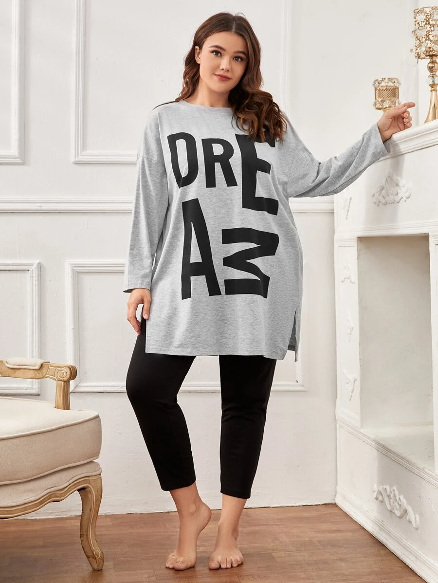 SHEIN Unity Plus Size Women Letter Graphic Drop Shoulder Split Hem Top & Pants PJ Set, Fall Winter Clothes, Cozy Outfit - Multicolor - View 1