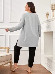 SHEIN Unity Plus Size Women Letter Graphic Drop Shoulder Split Hem Top & Pants PJ Set, Fall Winter Clothes, Cozy Outfit - Multicolor - View 2