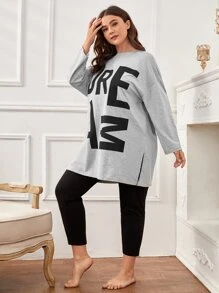 SHEIN Unity Plus Size Women Letter Graphic Drop Shoulder Split Hem Top & Pants PJ Set, Fall Winter Clothes, Cozy Outfit - Multicolor - View 4
