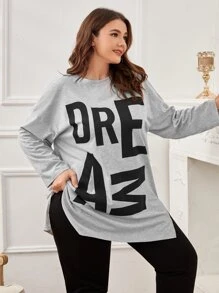 SHEIN Unity Plus Size Women Letter Graphic Drop Shoulder Split Hem Top & Pants PJ Set, Fall Winter Clothes, Cozy Outfit - Multicolor - View 5