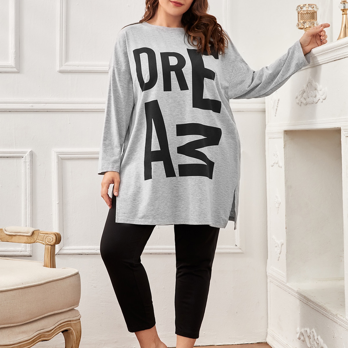 Conjunto de pijama de top con gráfico de letra y pantalones con bajo dividido para mujer de talla grande, ropa de otoño e invierno, conjunto cómodo