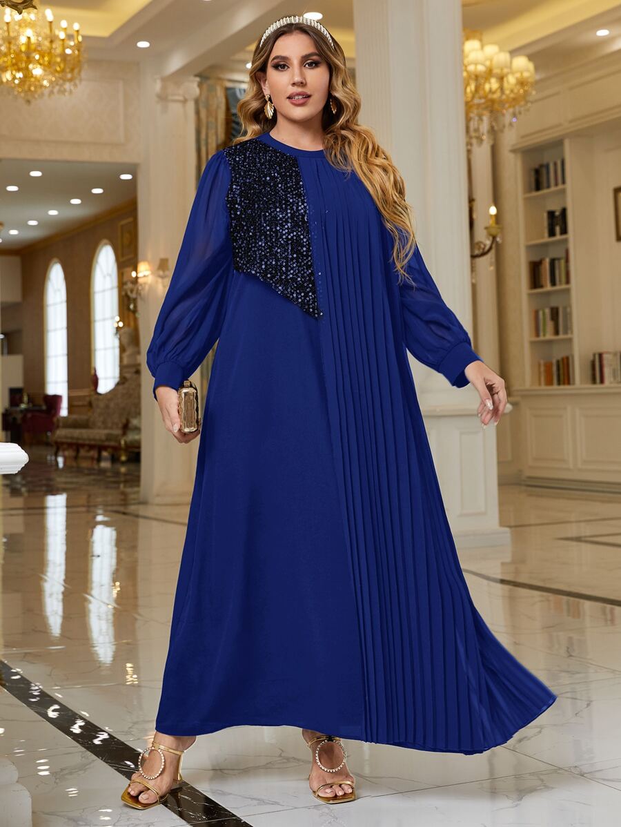 Modelyn Plus Contrast Sequins Plicated Lantern Sleeve Dress - Blue - View 1
