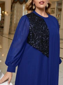 Modelyn Plus Contrast Sequins Plicated Lantern Sleeve Dress - Blue - View 4