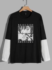 GENTILAND 宽松男式人物与日本图案二合一 T 恤 - 黑色 - 查看 1