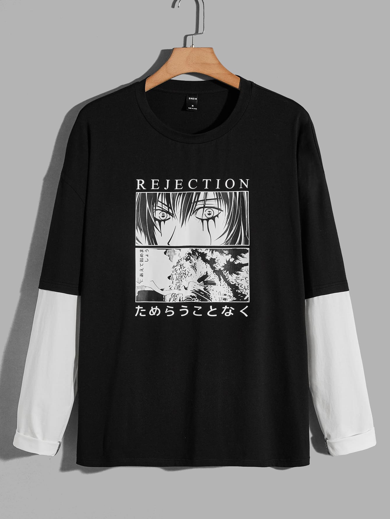 GENTILAND 宽松男式人物与日本图案二合一 T 恤 - 黑色 - 查看 1