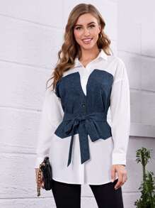 Seusyu Camisa 2 en 1 de hombros caídos con cinturón - Multicolor - Ver 1