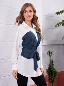 Seusyu Camisa 2 en 1 de hombros caídos con cinturón - Multicolor - Ver 6