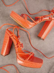 Funky Strappy Sandals For Women, Crocodile Embossed Platform Chunky Heeled Sandals - Orange - View 2